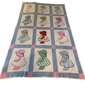 Vintage Handmade Quilt Sunbonnet Sue Applique Girls Hats Dresses Multi Color 50s